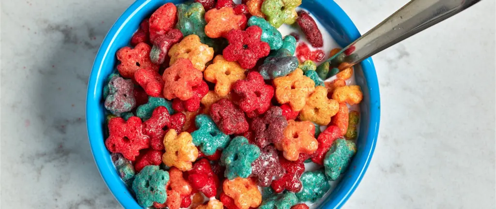 A bowl of FRUITY PEBBLES CRUNCH'D cereal on a table