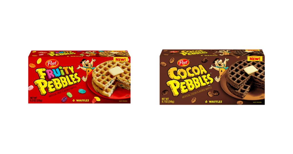 A box of Fruity PEBBLES Waffles and a box of Cocoa PEBBLES waffles