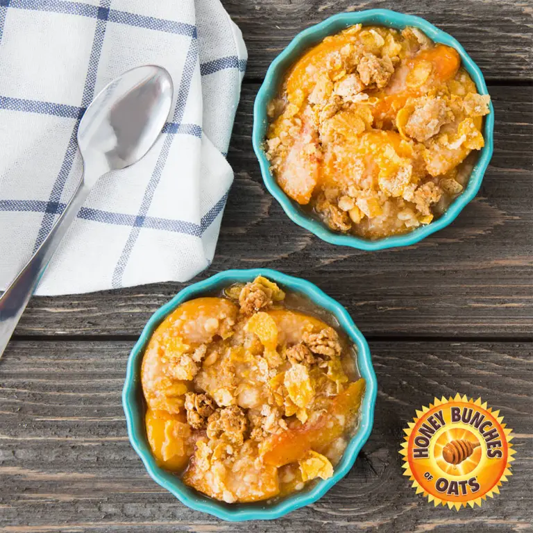 Cinnamon Peach Crisp recipe made with Honey Bunches of Oats