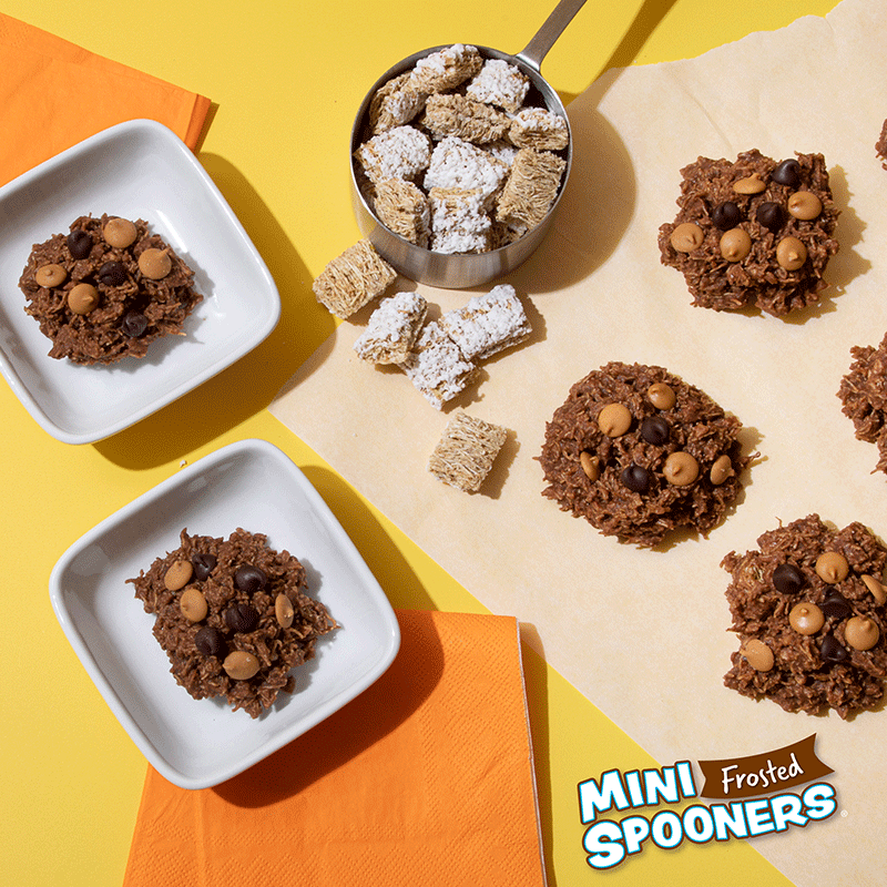 no bake chocolate peanut butter cookies made with Frosted Mini Spooners cereal