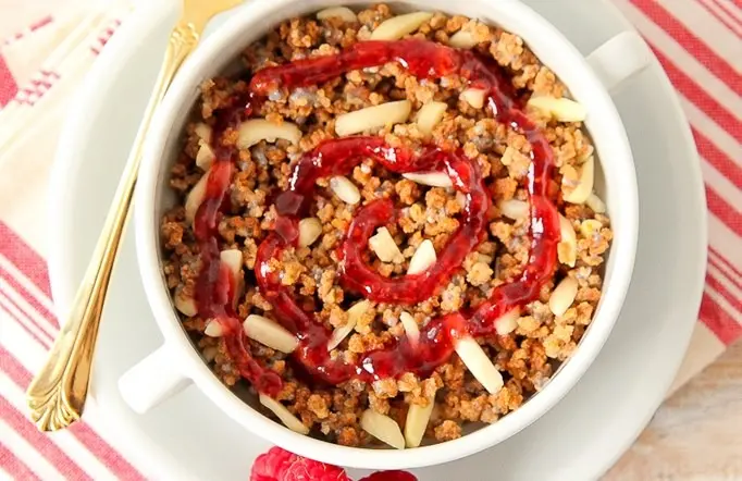 Raspberry almond swirl hot Grape Nuts recipe