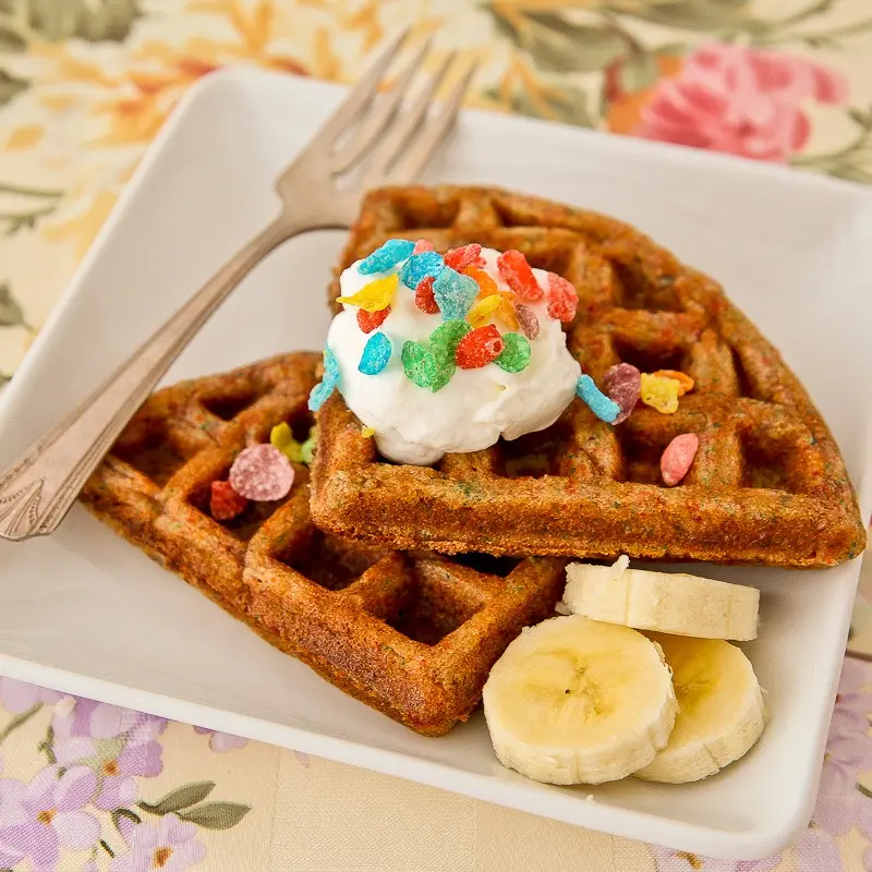 Fruity PEBBLES banana belgian waffles recipe