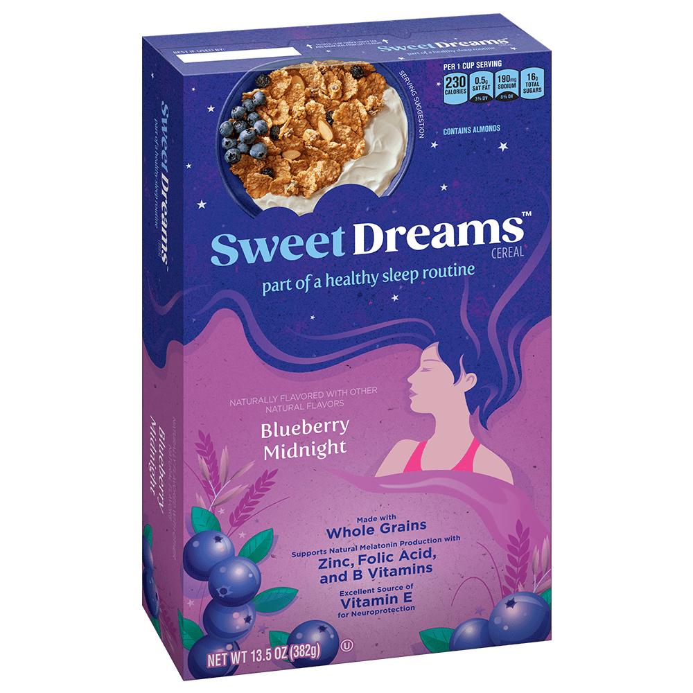 A box of Sweet Dreams Blueberry Midnight cereal