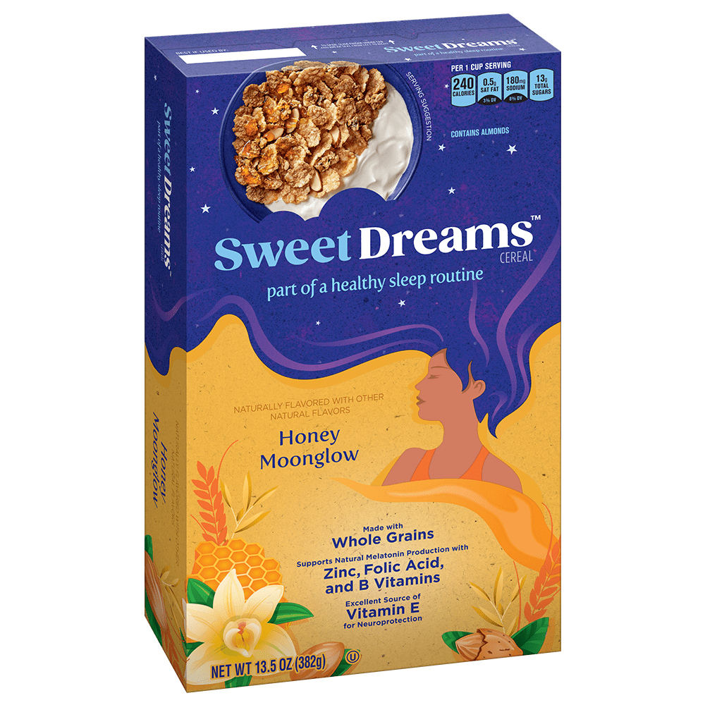 A box of Sweet Dreams Honey Moonglow cereal.