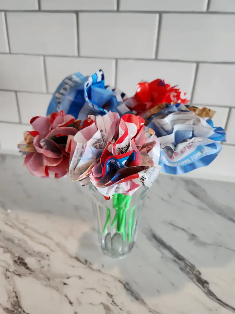 A bouquet of flowers made out of cereal bags