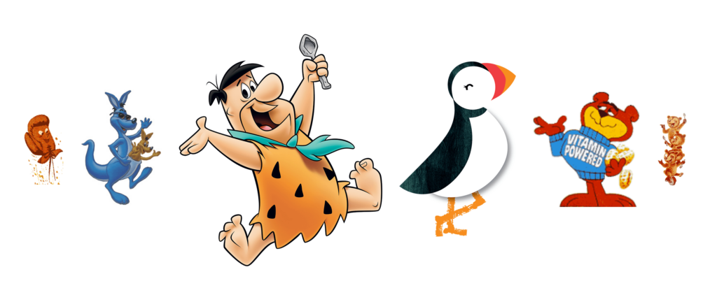 Several mascot logos for Post cereals like Puffins, Fruity PEBBLES and Golden Crisp.