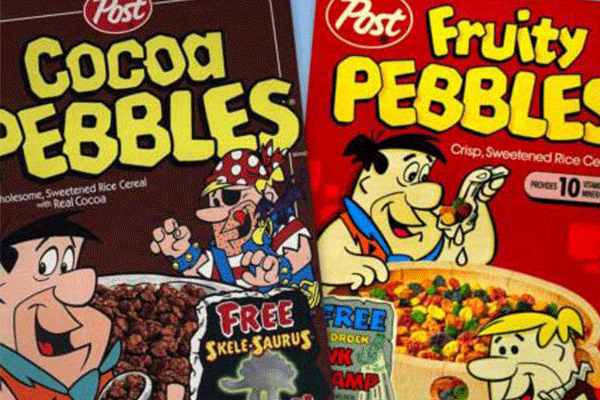 Cocoa PEBBLES and Fruity PEBBLES cereal boxes from 1971 launch