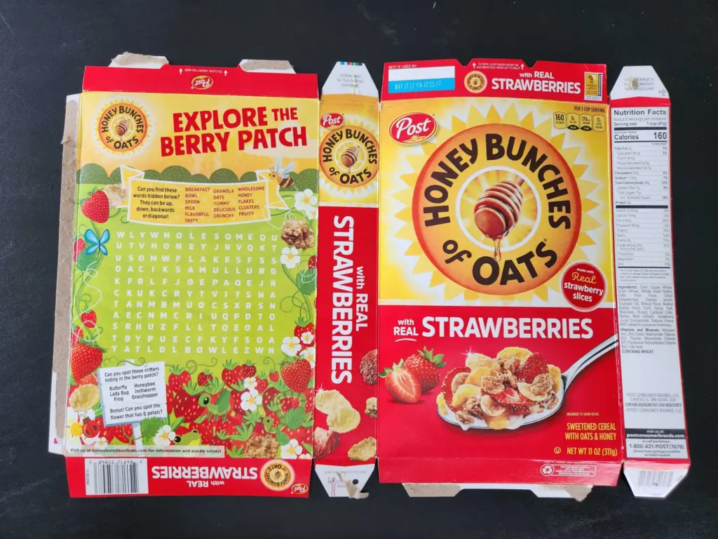 Flat Honey Bunches of Oats with Strawberries cereal box.