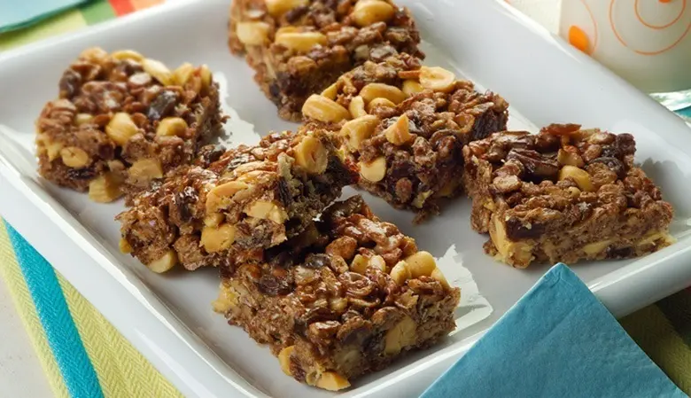 A tray of PEBBLES trail mix bars