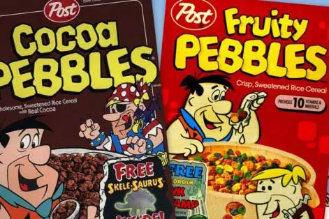 Original Fruity PEBBLES and Cocoa PEBBLES cereal packaging from 1971