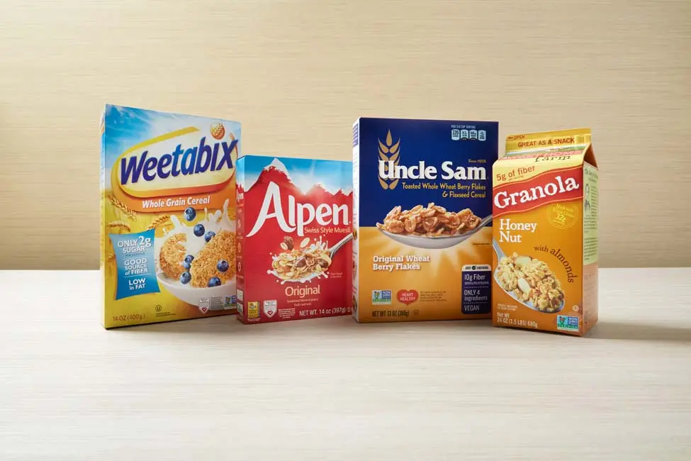 Boxes of Weetabix cereal, Alpen cereal, Uncle Sam cereal and Sweet Home Farm Granola
