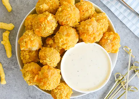 Barbara's Jalapeno Cheese Puff Chicken Poppers with dipping sauce