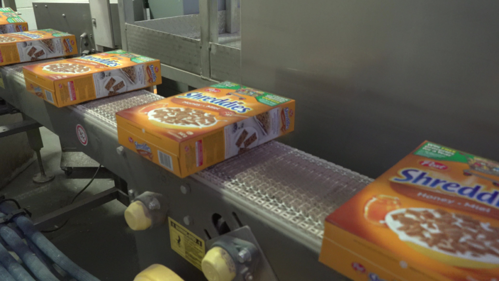 Boxes of Shreddies on a conveyer belt