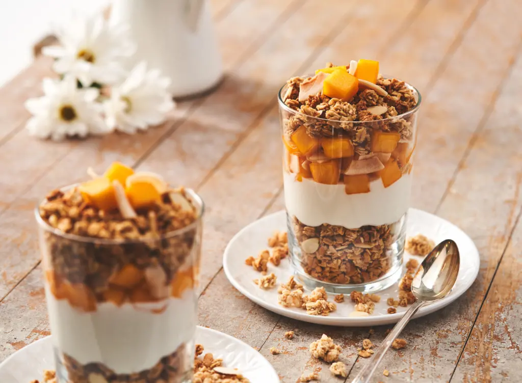 Homemade parfaits made with granola and fruit