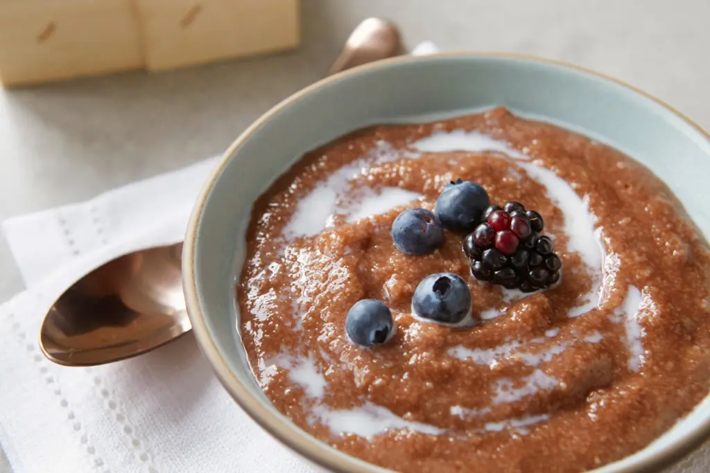 A bowl of Malt-O-Meal Hot chocolate variety topped with berries