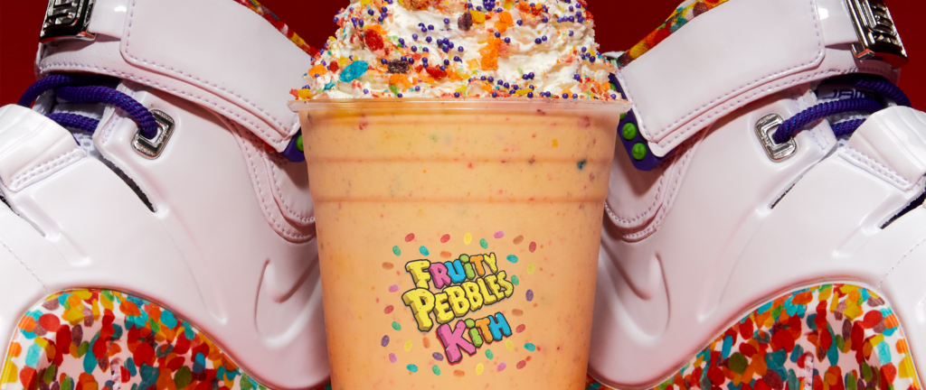 The West Coast Kith Treats ice cream featuring Fruity PEBBLES between two Nike LeBron 4 shoes