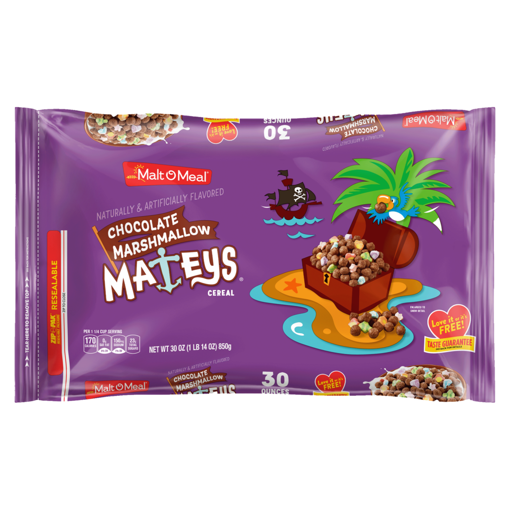 Chocolate Marshmallow Mateys cereal packaging