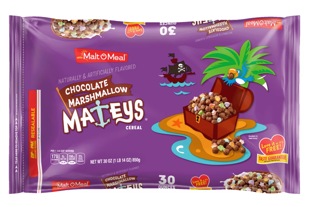 Chocolate Marshmallow Mateys cereal packaging