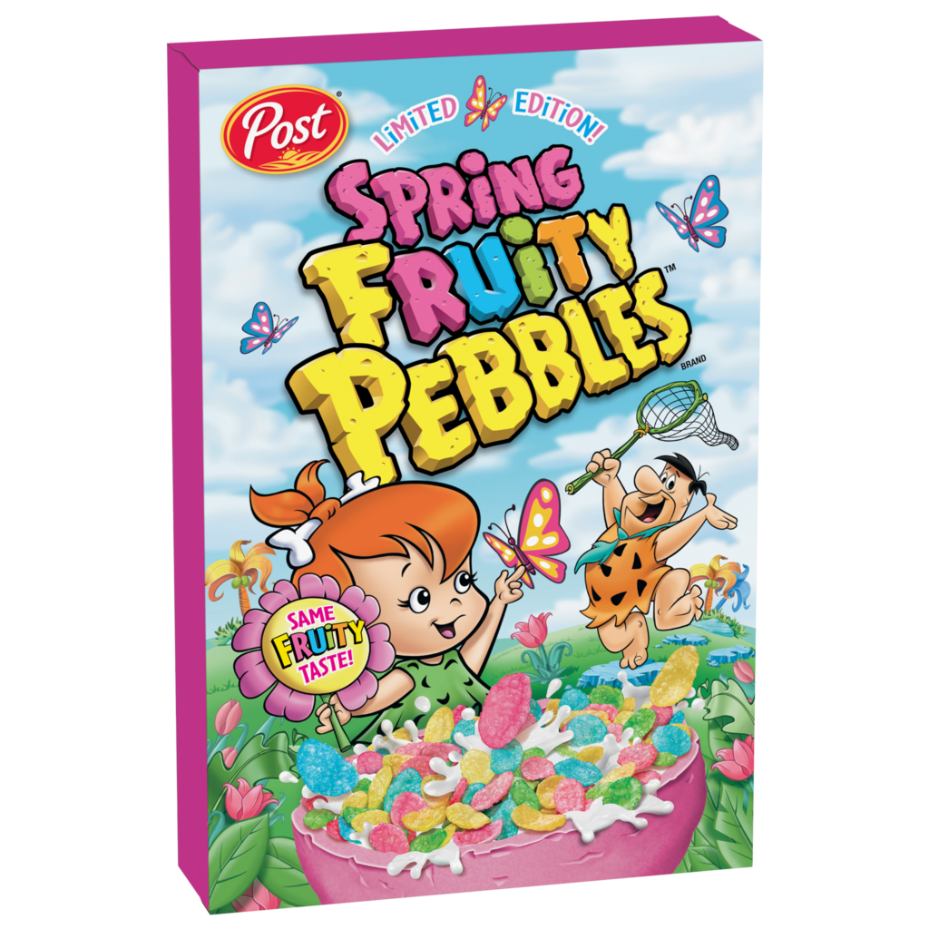 A box of Spring Fruity PEBBLES cereal