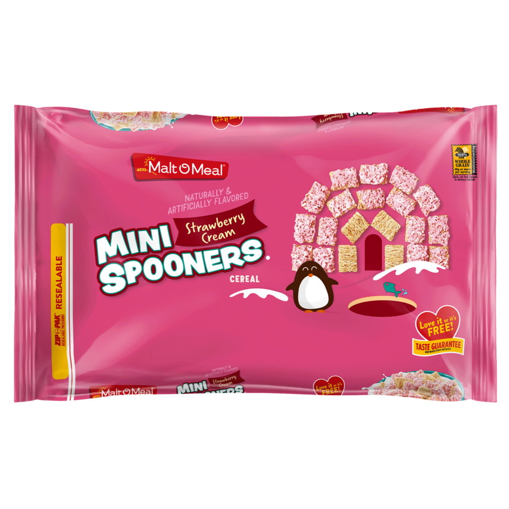Malt-O-Meal® Strawberry Cream Mini Spooners cereal packaging