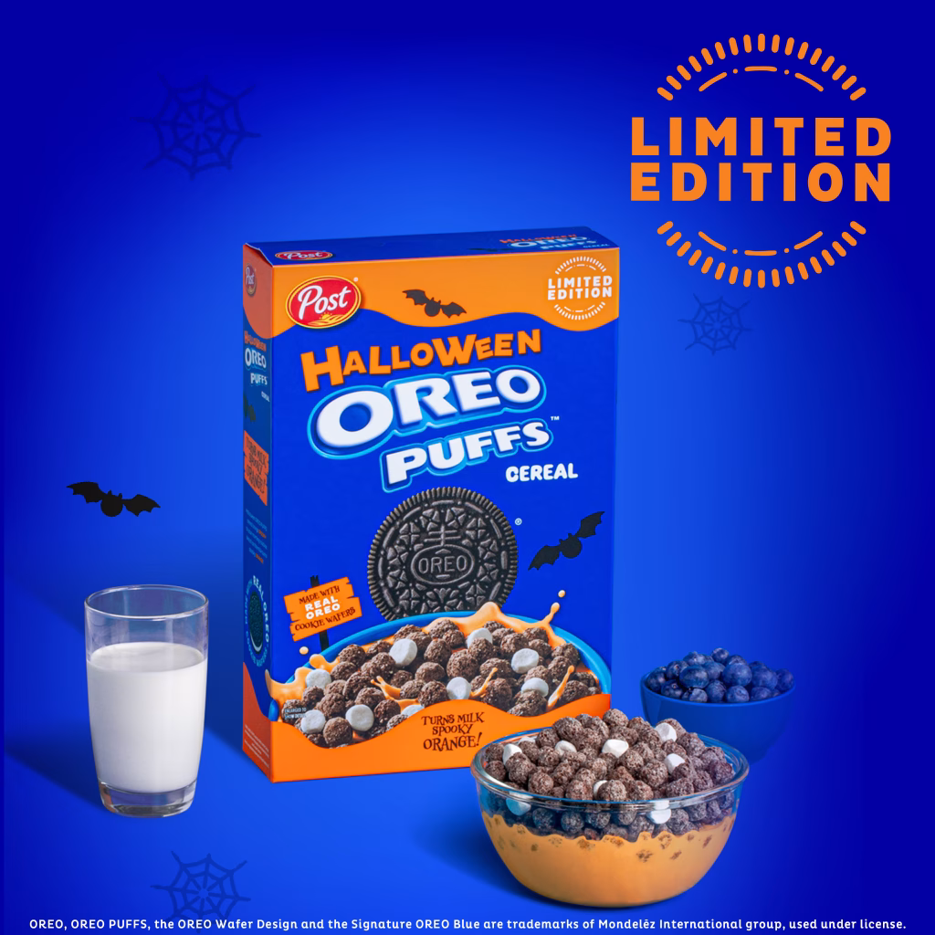 Halloween OREO PUFFS cereal box next to bowl